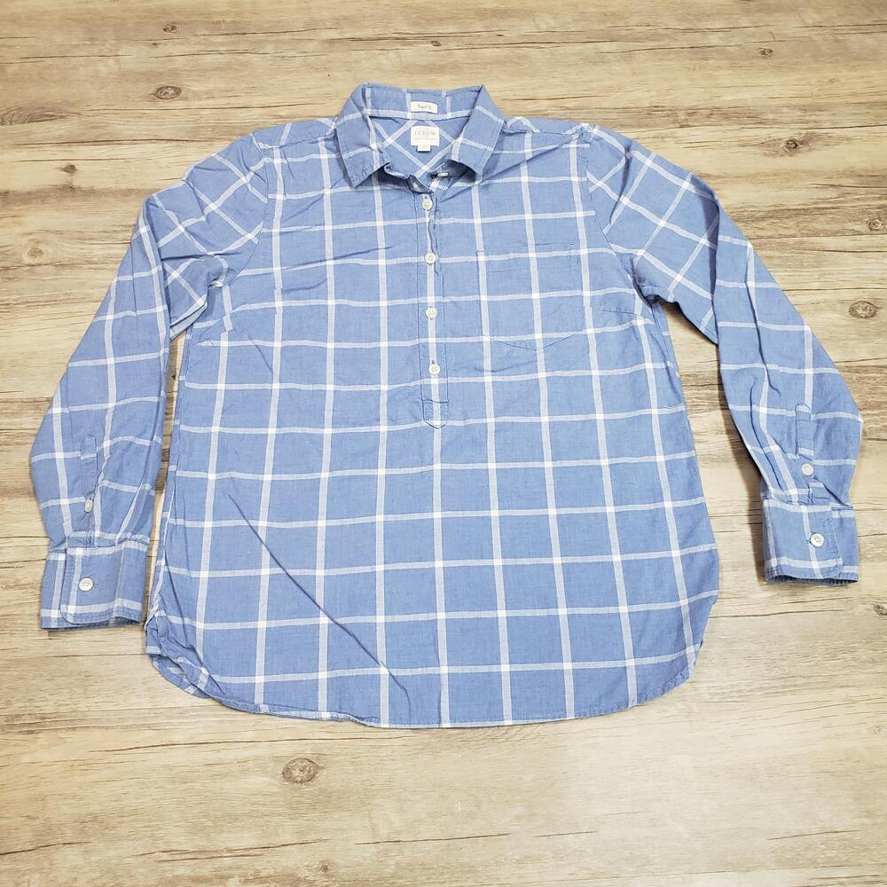 J.Crew Perfect Fit Shirt Womens Medium Blue Plaid Long Sleeve Cotton Popover